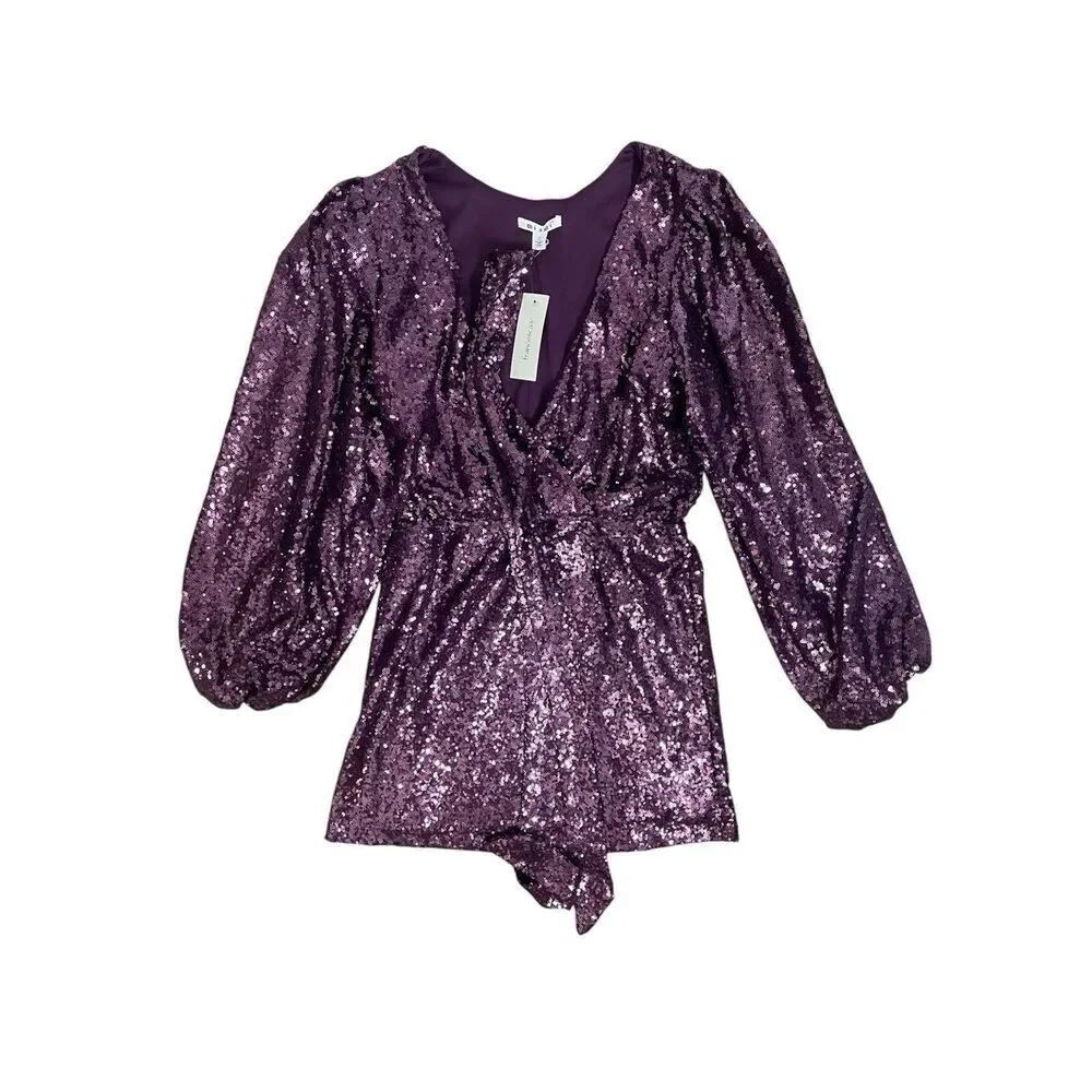 Mi Ami Purple Sequin Mini Dress Small Long Sleeve V Neck NWT Party